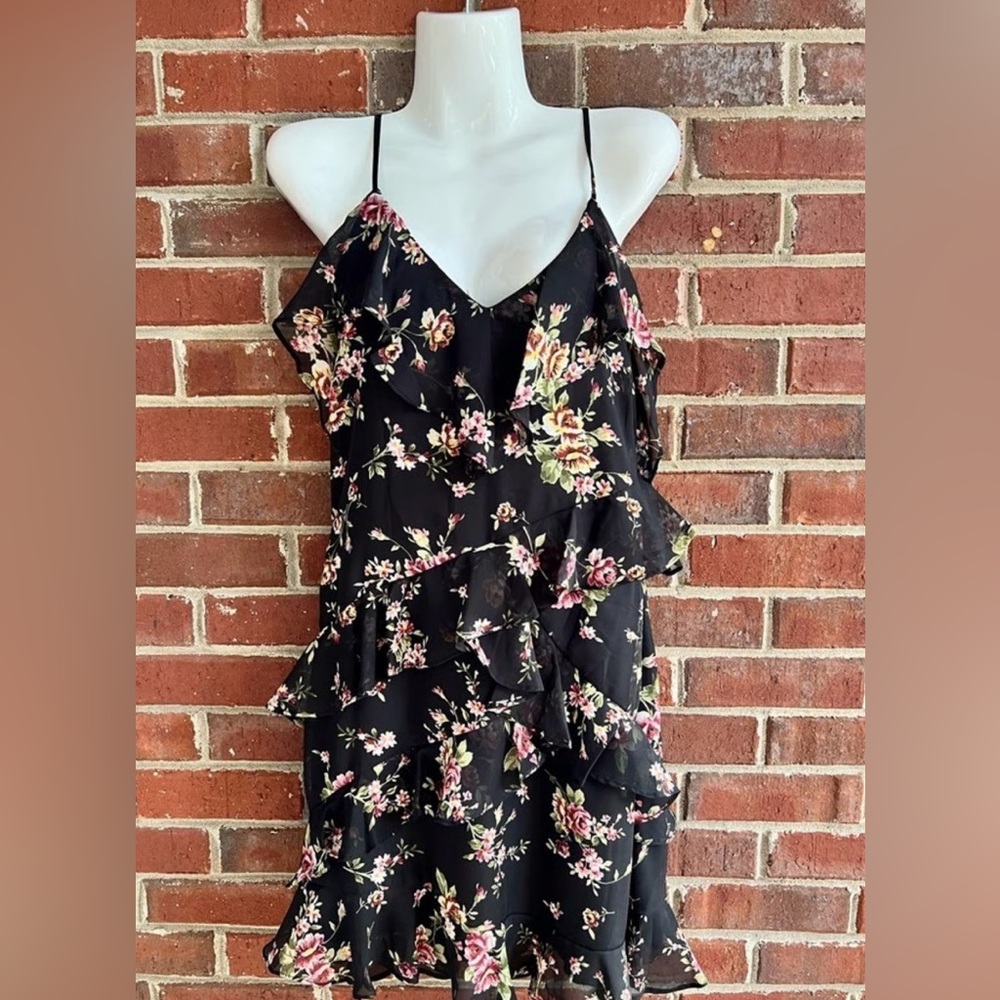 Floral Ruffle Midi Dress - Black with Pink Floral